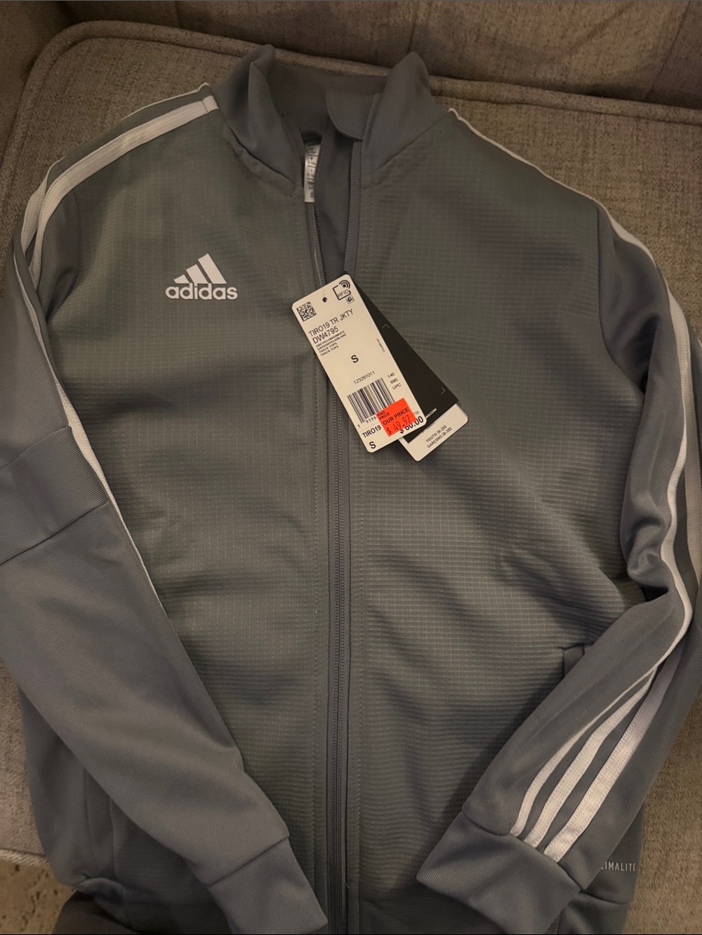 adidas Men’s Gray Full-Zip Performance Jacket with White Stripes